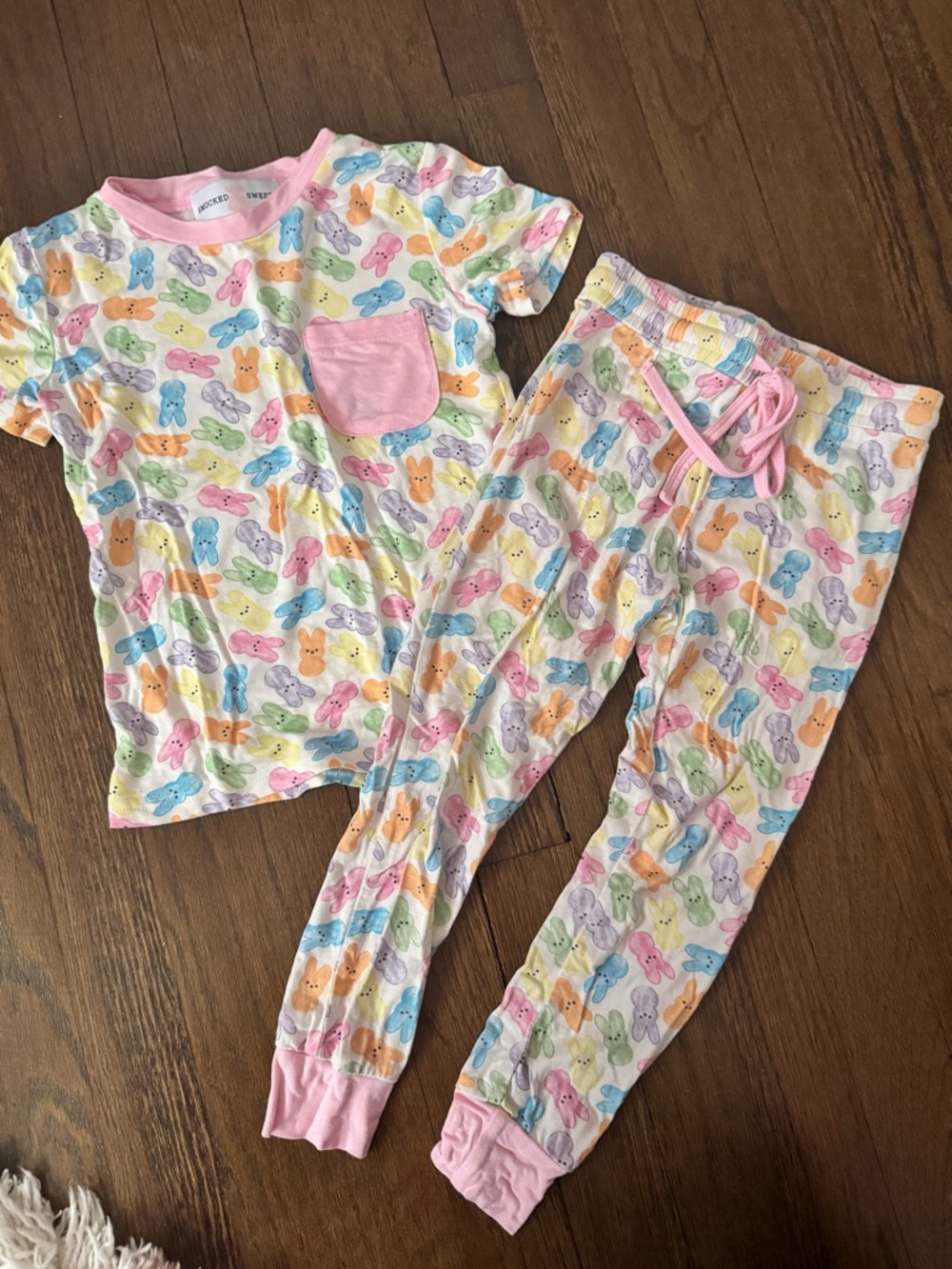 Pastel Bunny Print Kids Pajama Set with Pink Trim smocked sweets peep pj set